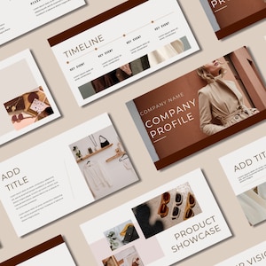 May include: A presentation template with a brown and white color scheme. The slides feature text such as "Company Profile", "Timeline", "Product Showcase", and "Add Title". The slides also feature images of clothing, sunglasses, and other accessories.