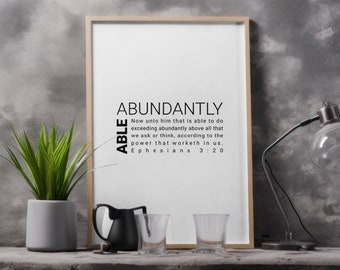 Bijbelkunst aan de muur, Efeziërs 3:20, Minimal Christian Home Decor, KJV, schriftmuurdecor, overvloedig bekwaam, motiverend bijbelvers,