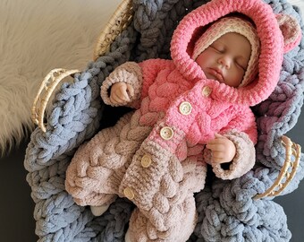 Teddy overall baby pink/light brown with hood