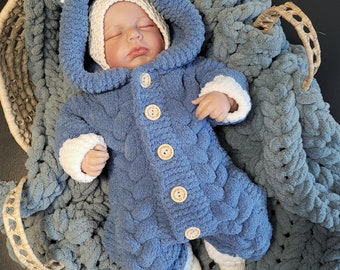 Teddy Overall Baby jeansblau/weiß mit Kapuze