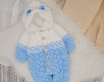 Combinaison Teddy bébé blanc/bleu clair avec capuche