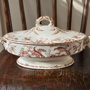 VERY RARE 1877 Antique Ridgway Sparks & Ridgway Indus Aesthetic Transferware Sauce Bowl with Lid Brown Birds EXCELLENT condition England