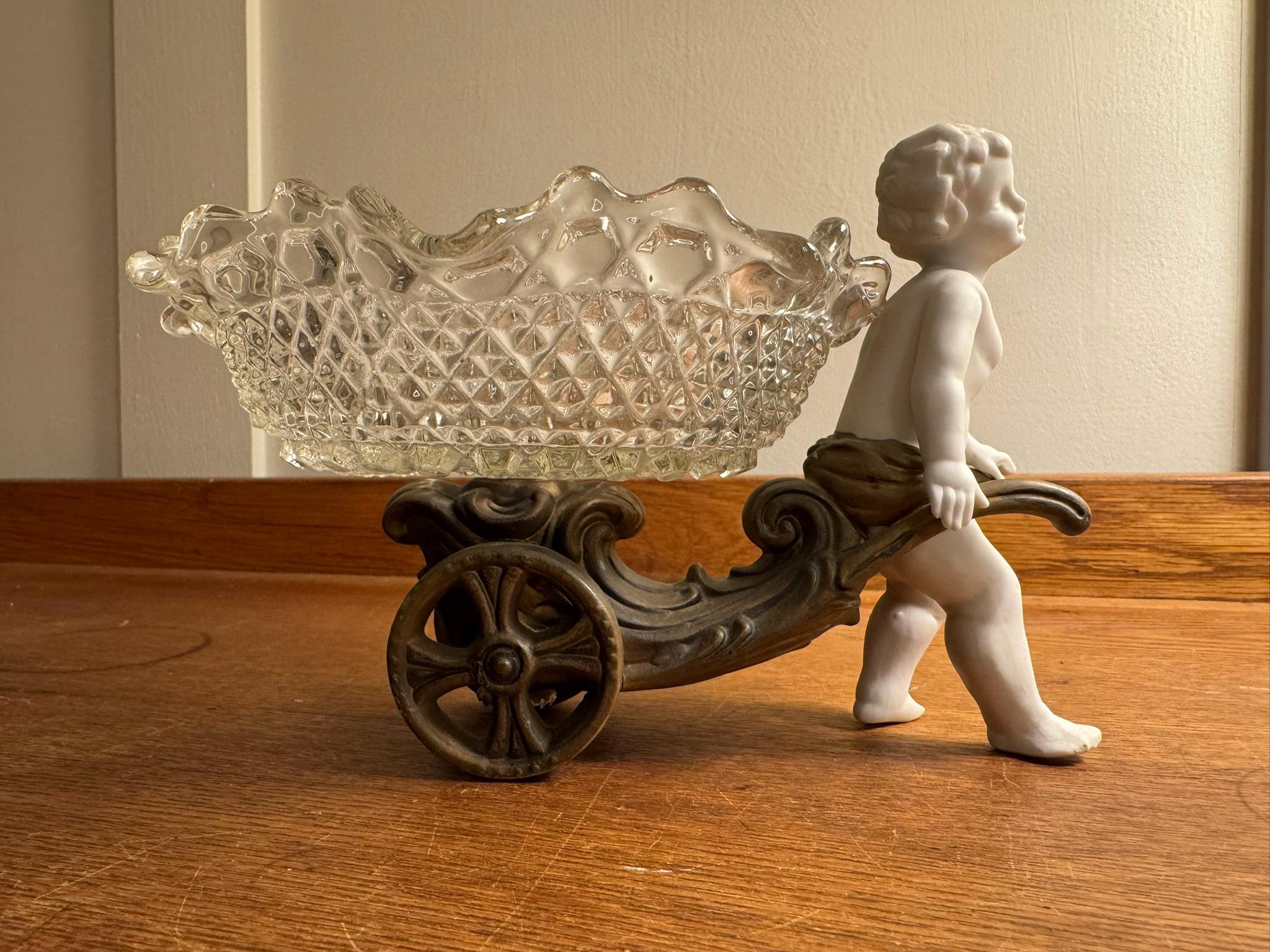 RARE Antique Victorian Bisque Porcelain Girl Chariot With Glass Bowl UNIQUE
