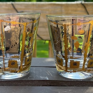 Verres à cocktail MCM dorés à la feuille d&#39;or et noirs Culver