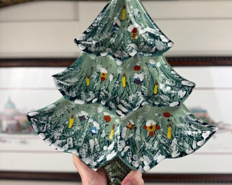 Vintage Hand Painted Ceramic Christmas Tree Platter | Mid Century Italian Art Pottery