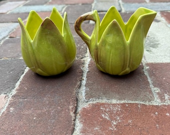 STUNNING Fine Set of Vintage MCM Tulip Sugar Bowl and Creamer 1970s Ceramic Pottery Porcelain