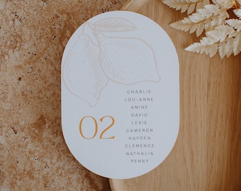 May include: An oval-shaped place card with a lemon illustration and the number "02" in gold. Names are listed below the number. The card is on a wooden tray with a sprig of dried flowers.