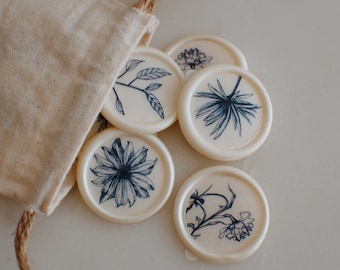 Lot de 10 sceaux de cire auto-adhésifs - coloris blanc nacré avec motifs botaniques bleus