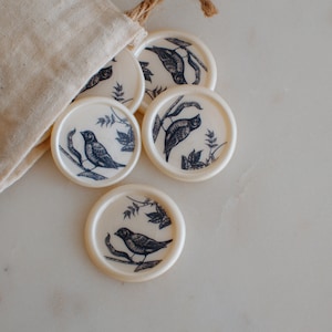 Lot de 10 sceaux de cire auto-adhésifs - coloris blanc nacré motif oiseau bleu