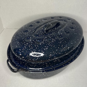 Large Vintage Blue Speckled Roaster