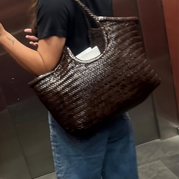 Leather Dragon Diffusion Shoulder Bag | Woven Dragon Diffusion Bag | Leather Woven Tote Bag | Brown Dragon Diffusion Bag | Brown Leather Bag