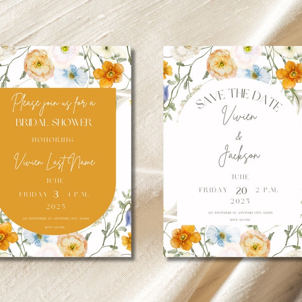 Summer Editable Wedding Template Set Canva Bundle Invitation Bridal Shower RSVP Thank You Card