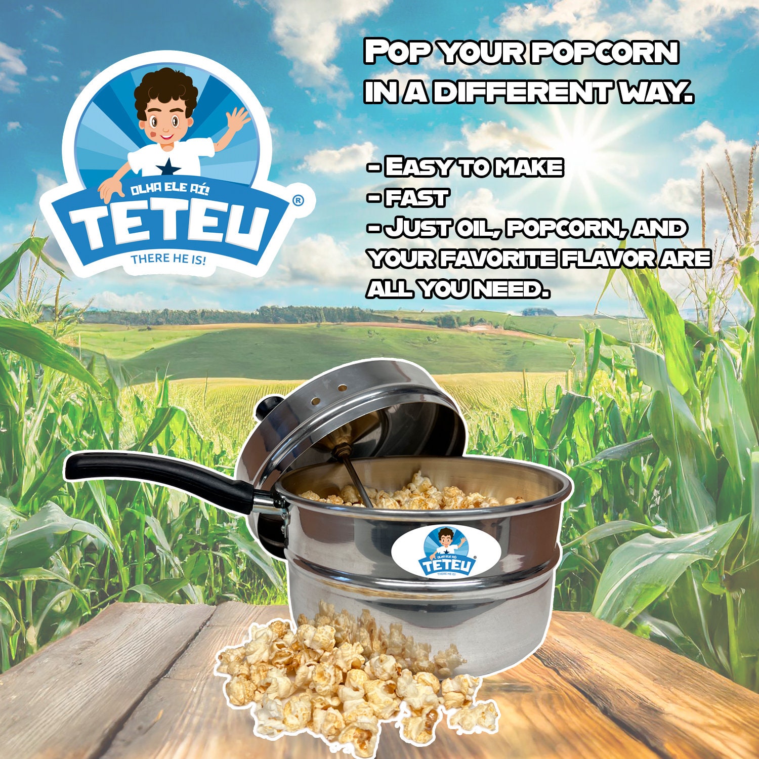Teteu Popcorn Popper, Popcorn Maker With Manual Crank Handle, Gourmet