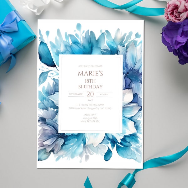 Blue Watercolor Floral Birthday Party Invitation, Any Age, Women, Editable PDF Template, INSTANT Digital DOWNLOAD, Edit with in Adobe Reader