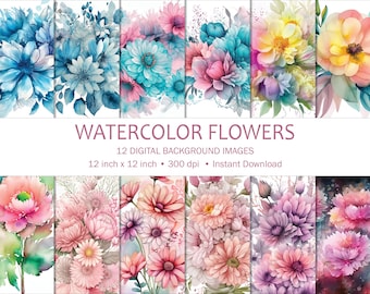12 Watercolor Flowers Background Images, Digital Instant Download, Scrapbooking Paper, Colorful Pattern Images, DIY Projects, JPG