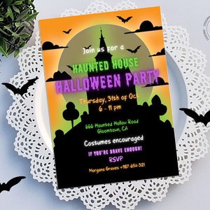 Halloween Neon Haunted House Party Einladung (Canva Download)