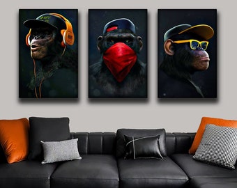 Set of 3 High Quality Canvas Wall Art 3 Monkeys Canvas Wall Decor Living Room Home Decoration Housewarming Gift