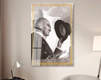 Gedruckte hohe Qualität Gemälde auf gehärtetem Glas Porträt von Atatürk Wand Kunst Dekor Malerei Atatürk Geschenk für Wohnzimmer
