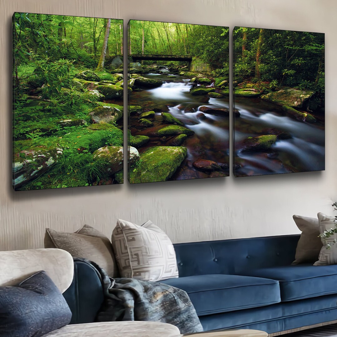 Set of 3 Canvas Wall Art River Forest Nature Landscape Painting Wall ...