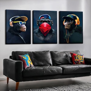 Set of 3 High Quality Canvas Wall Art 3 Monkeys Canvas Wall Decor Living Room Home Decoration Housewarming Gift
