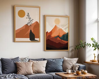 2 Stück Wand Kunst Set Holzrahmen Wand Kunst Malerei Wand Dekor Housewarming Geschenk Minimalistische Sonne und Berg Wüste Thema Modernes Dekor
