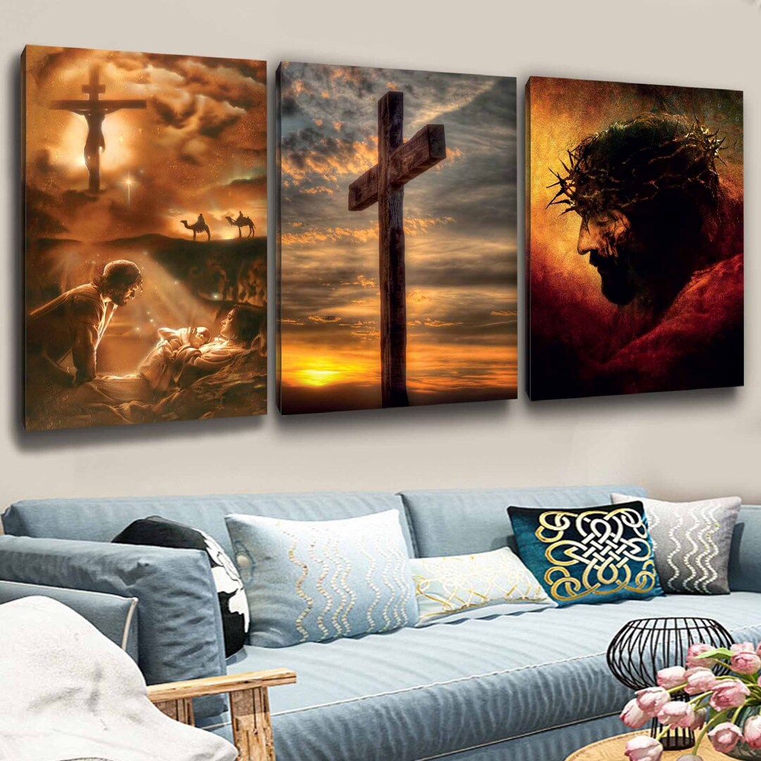 Set of 3 Canvas Wall Art Jesus Painting Wall Decor Home Decoration Housewarming Gift New Home ...