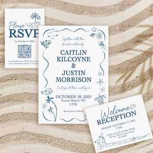 Hand-Drawn Coastal Wedding Invitation Suite: Beach Palm Tree Design (Digital Download)