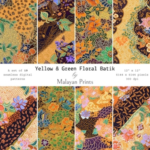 Puede incluir: Un conjunto de 19 patrones digitales sin costuras con diseños de batik floral amarillo y verde. Los patrones miden 30,48 cm por 30,48 cm y 6144 píxeles por 6144 píxeles a 300 ppp.