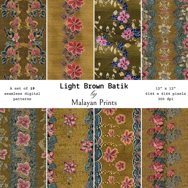 Set of 19 High Quality Brown Batik Digital Paper Seamless Design, Wax Resist Patterns Malaysian Indonesian Tribal Floral Ankara Printable