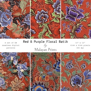 Set mit 13 hochwertigen roten und lila Blumen Batik Digitalem Papier Nahtloses Design Wachsbeständig Muster Malaysia Indo Tribal Floral Ankara Print