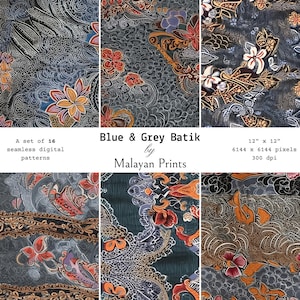 Set of 16 High Quality Blue Grey Batik Digital Paper Seamless Design Wax Resist Patterns Malaysian Indonesian Tribal Floral Ankara Download