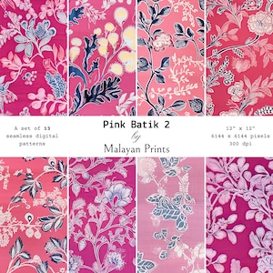 Può includere: Un set di 13 motivi digitali senza cuciture che presentano disegni di batik rosa con motivi floreali. I motivi misurano 30,48 cm per 30,48 cm e 6144 pixel per 6144 pixel a 300 dpi. Il testo "Pink Batik 2 by Malayan Prints" è visualizzato al centro dell'immagine.