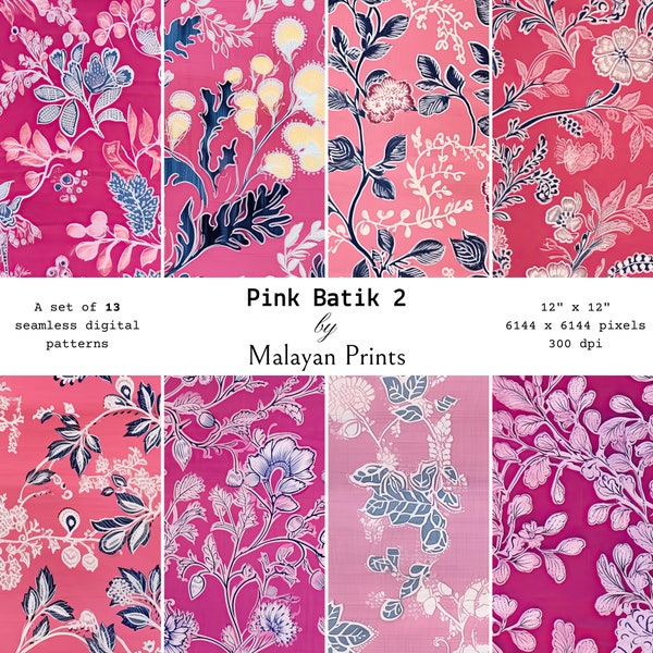 Set of 13 High Quality Pink Batik Digital Paper Seamless Design Wax Resist Patterns Malaysian Indonesian Tribal Floral Ankara Download Print