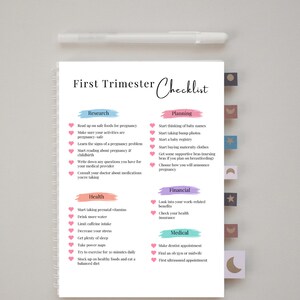 May include: A checklist for the first trimester of pregnancy with sections for research, planning, health, financial, and medical. The checklist includes items such as reading up on safe foods for pregnancy, starting a baby registry, taking prenatal vitamins, and scheduling a first ultrasound appointment.