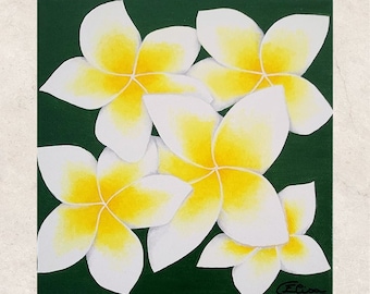 Tableau peint à la main sur toile aux couleurs acryliques : Plumeria en fleur. Œuvre unique !