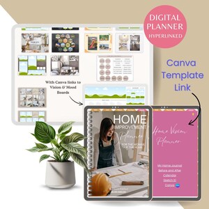 Puede incluir: Una plantilla de planificador de mejoras para el hogar digital en la pantalla de una tableta. El planificador es rosa y tiene el texto "Home Vision Planner" y "My Home Journal, Before and After Calendar, Sketch it! Canva".