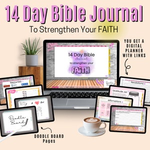 May include: A digital planner for a 14-day Bible journal to strengthen your faith. The planner includes doodle pages, a gratitude jar, affirmations, and a resources section. The planner is pink and purple with a brick background. The text "14 Day Bible Journal to Strengthen Your Faith" is in large pink letters.