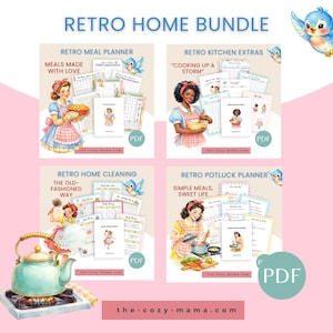 Peut inclure: Un ensemble de téléchargement numérique intitulé "Retro Home Bundle" comprenant quatre planificateurs PDF imprimables. Chaque planificateur présente une illustration et un texte rétro, notamment "Retro Meal Planner", "Retro Kitchen Extras", "Retro Home Cleaning" et "Retro Potluck Planner". Le site Web the-cozy-mama.com est également visible.