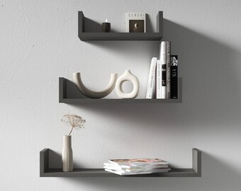 Book shelf SET of 3 shelves | Modern Floating Black Book Shelves Set of 3 | Wall-Mounted Black Floating Shelf | Book lover Gift