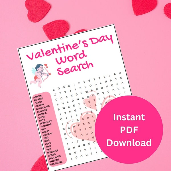 Valentine's Day Word Search, Valentine's Seek and Find, Printable PDF, Instant Download, Great Fun for Classrooms, Parties, Kids, Adults