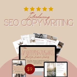 Pode incluir: Uma maquete de produto digital que apresenta uma tela de computador, um tablet e um telefone que exibem um produto digital intitulado "Mastering the Art of SEO Copywriting: Boost Your Website's Visibility". O produto é um guia com dicas e truques para aumentar a capacidade de pesquisa do site por meio da redação. O produto custa 9 €.