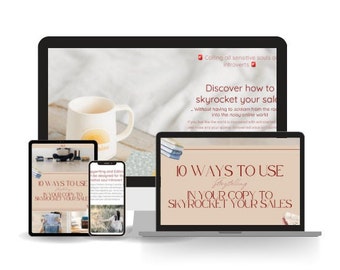 May include: A laptop, tablet and smartphone display a website with the text "10 Ways to Use Your Copy to Skyrocket Your Sales". The website is designed for introverts and sensitive souls. The laptop is open and the screen is showing the website. The tablet and smartphone are also showing the website. The website is designed to help people learn how to write better copy for their businesses.