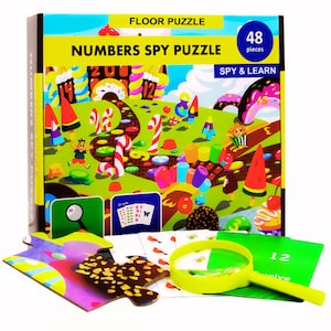 Casse-tête espion numérique avec cartes mémoire et loupe 2 pi x 3 pi - 48 pièces Bonbons au sol pour enfants d'âge préscolaire et de la maternelle, enfants de 3 à 5 ans