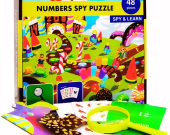Number Spy Puzzle with Flashcards and Magnifying Glass 2ft x 3ft- 48 Piece Candy Land Floor Puzzles for Preschool, kindergarten Kids 3-5