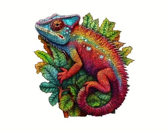 Wooden Jigsaw Puzzle Chameleon- Laser-Cut Handcrafted Basswood, Unique Animal Shaped Pieces- Eco-friendly sustainable gift
