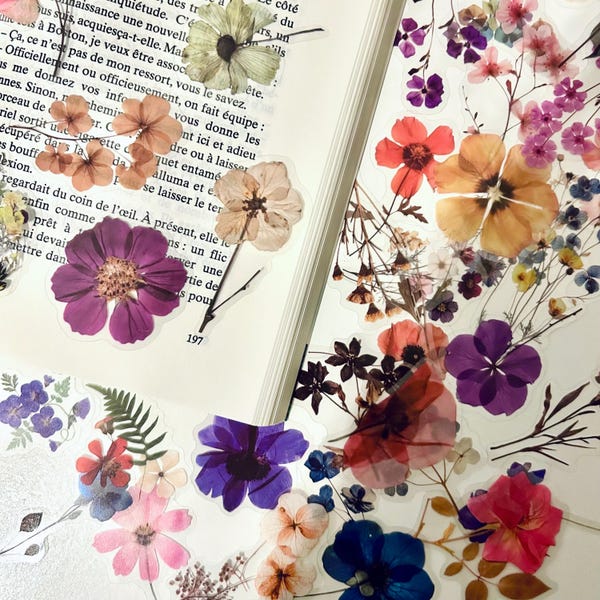 Pressed Flower Stickers –  Wildflowers & Dried Flowers Stickers for Scrapbooking, Botanical Floral Decals Set for Journaling and DIY Crafts