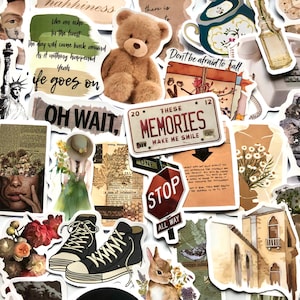 May include: A collection of vintage-style stickers featuring various designs, including a teddy bear, a stop sign, a pair of trainers, a bunny rabbit, a teacup, and a building with a balcony. The stickers have a rustic aesthetic with muted colours and handwritten text.