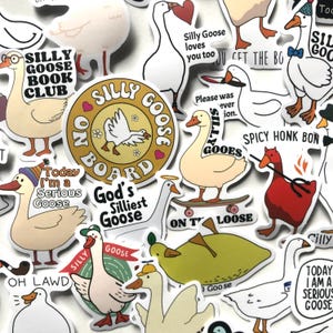 Może przedstawiać: Zbi&oacute;r kolorowych naklejek z ilustracjami gęsi z r&oacute;żnymi frazami i powiedzeniami. Niekt&oacute;re z fraz to "Silly Goose", "God's Silliest Goose", "On Board", "On The Loose", "Spicy Honk Bon" i "Today I'm a Serious Goose".