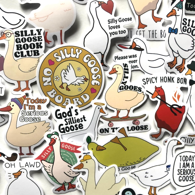 Może przedstawiać: Zbi&oacute;r kolorowych naklejek z ilustracjami gęsi z r&oacute;żnymi frazami i powiedzeniami. Niekt&oacute;re z fraz to "Silly Goose", "God's Silliest Goose", "On Board", "On The Loose", "Spicy Honk Bon" i "Today I'm a Serious Goose".