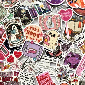 May include: A selection of vibrant stickers with diverse designs and text. The stickers showcase themes such as books, ghosts, coffee, and fantasy. Some stickers feature phrases like "Bookish," "Reading O'Clock," and "Pick Your Poison."